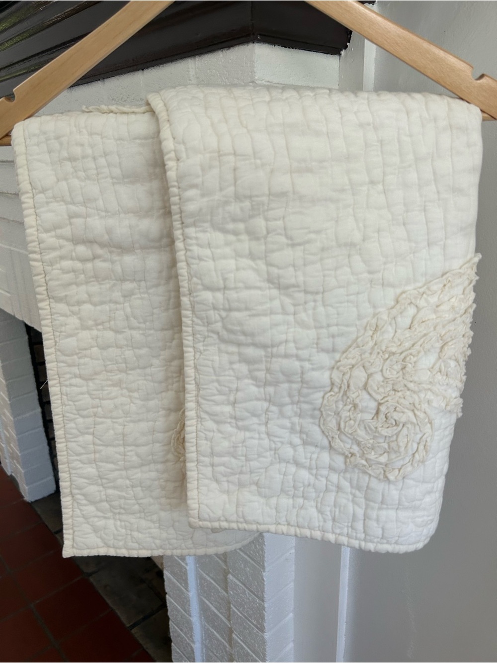 Pottery Barn Creamy White Quilted Pillow Shams with Rosette Accent (2)